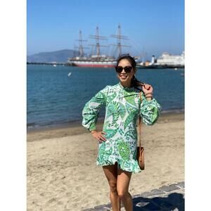 STAUD Green White Paisley Printed Three Quarter Sleeve Caroline Midi Dress sz 12